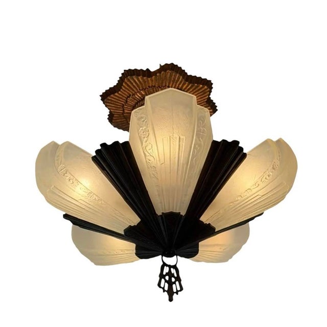 1910s Art Deco Fan Style Chandelier With Copper Starburst Canopy For Sale In Los Angeles - Image 6 of 8