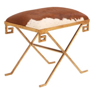 Gilt Iron Bench Upholstered in New Cowhide. Contemporary. For Sale