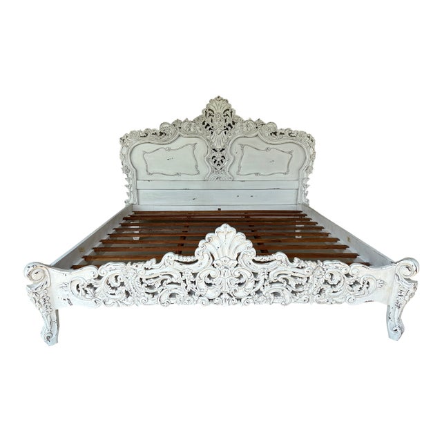 Italian Rococo Style Shabby Chic Distressed King Size Bed Frame For Sale
