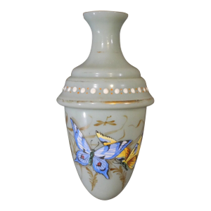Late 19th Century Continental Victorian Moser Style Opaline Blue Glass Gilded Hand-Painted Butterfly Motif Acorn Shaped Bud Vase