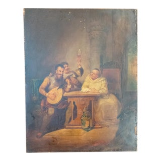 19th Century Dutch Interior Tavern Genre Scene Painting With Monk and Musician For Sale