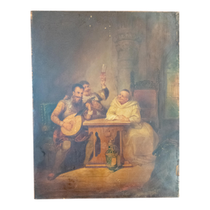 19th Century Dutch Interior Tavern Genre Scene Painting With Monk and Musician