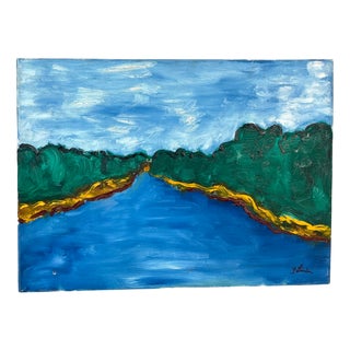 G. Linder, River Landscape, 1960s, Oil on Canvas & Paint For Sale
