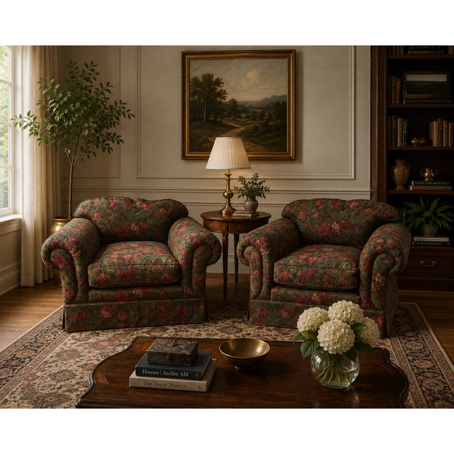 This elegant pair of armchairs, attributed to Kravet Furniture, showcases classic design and high-quality craftsmanship....