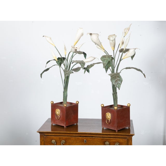 Pair of Italian 1930s Tôle Calla Lillies Sculptures in Red and Gold Containers For Sale - Image 11 of 12