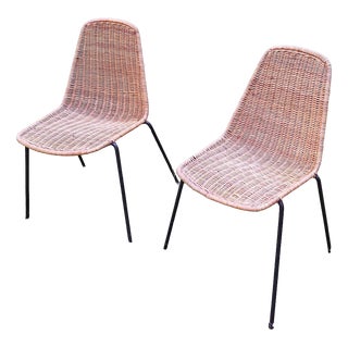 Rattan and Iron Stackable Dining Chairs by Gian Franco Legler, Switzerland, 1960s, Set of 2 For Sale