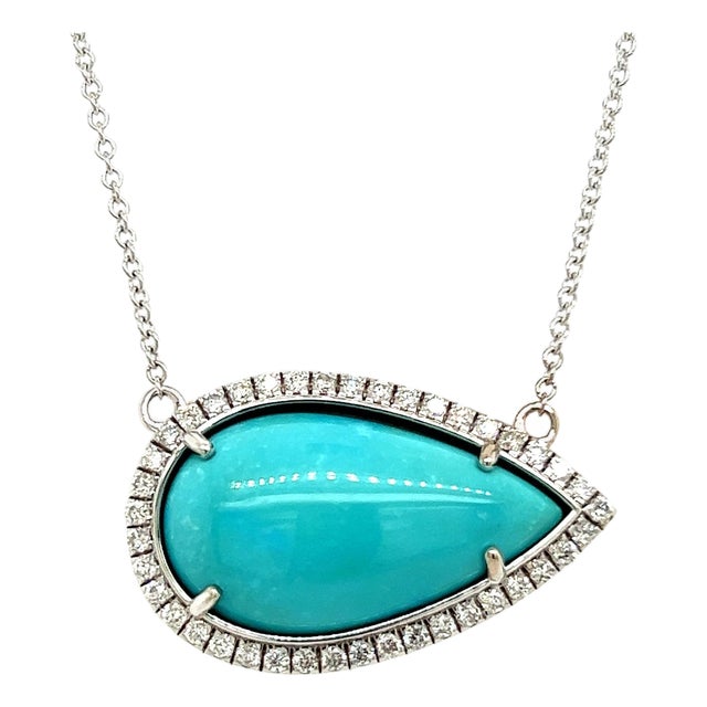 Persian Turquoise Diamond Halo Pendant With Chain 14k WG Certified For Sale