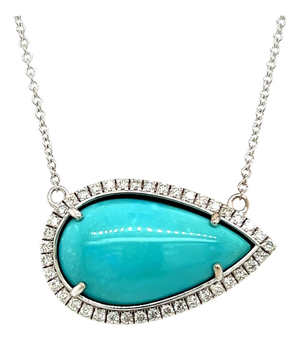 Persian Turquoise Diamond Halo Pendant With Chain 14k WG Certified
