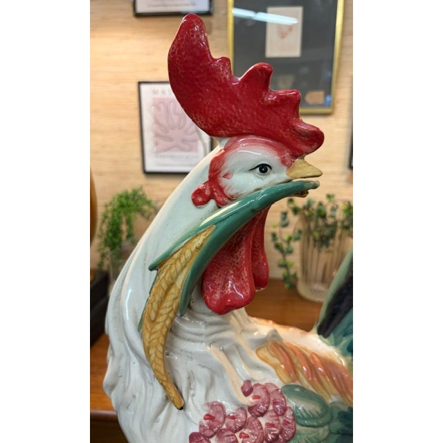 French Country Large Vintage Majolica Style Ceramic Rooster Figurine For Sale - Image 3 of 9