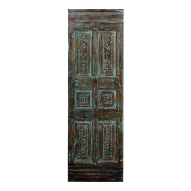 Vintage Green Carved Wooden Door Floral Rustic Modern Pantry Door 80x26 For Sale
