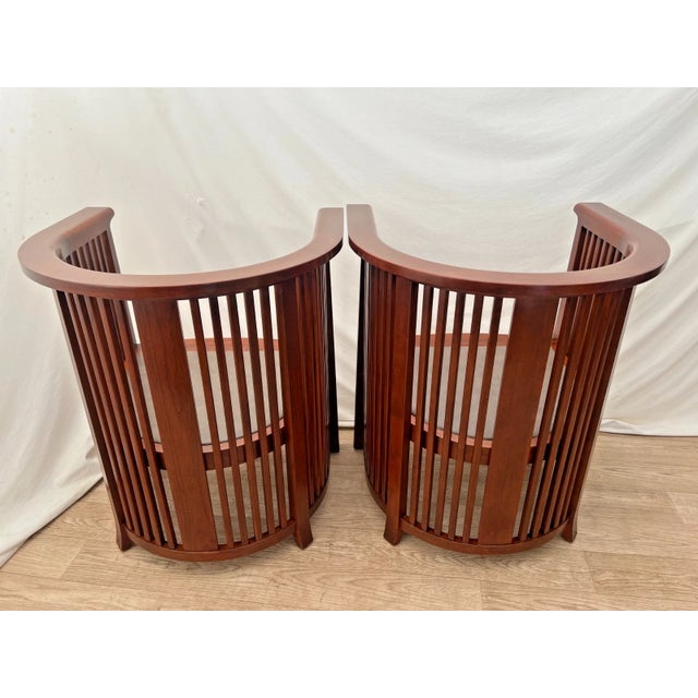 2010s Rare Set of Stickley Lounge Chairs Spindle Barrel Back Solid Cherry Leather Seat For Sale - Image 5 of 18