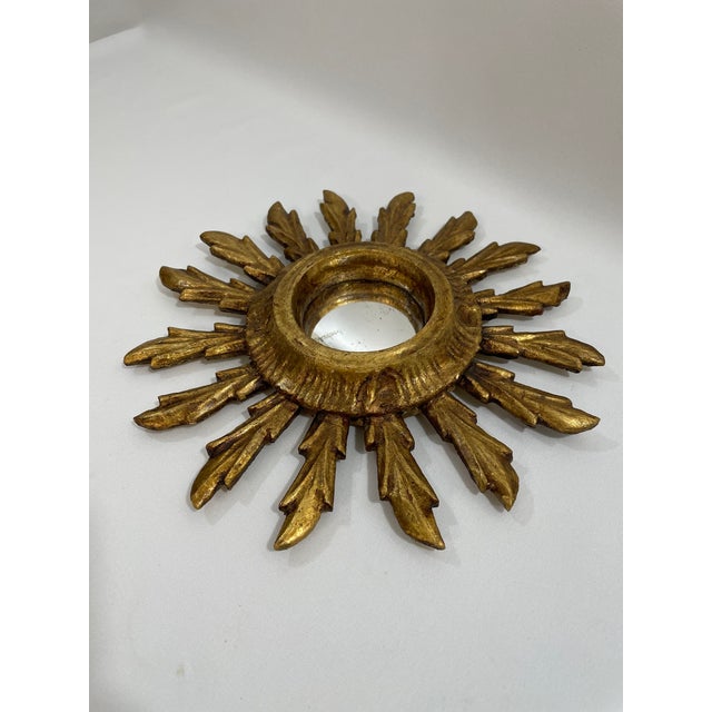 1940s French Petite 9.5" Giltwood Sunburst Convex Wall Mirror For Sale - Image 6 of 15