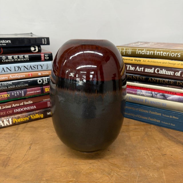 Rustic Round Steel Grey & Red Ceramic Vase with Black Center For Sale - Image 3 of 9