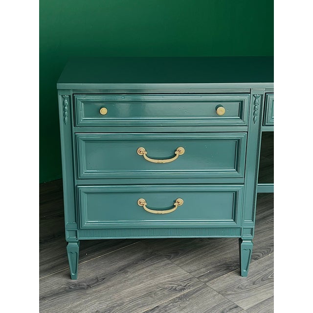 Mid-Century Forrest Green High Gloss Lacquered Desk of Four Drawers For Sale - Image 11 of 11