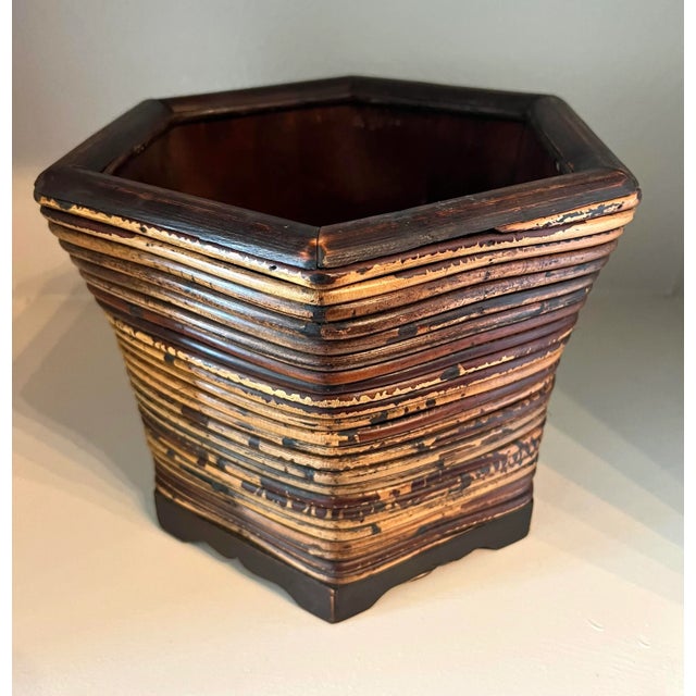 Split Reed Bamboo Rattan Hexagon Shaped Planter For Sale - Image 9 of 9