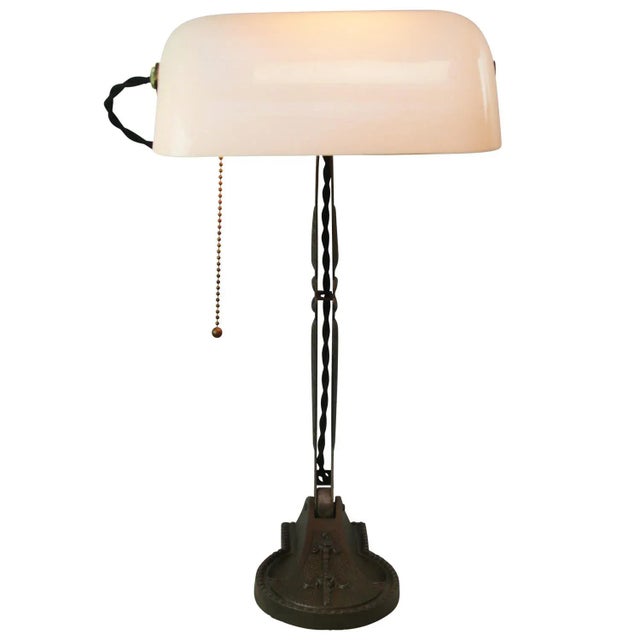 Vintage Industrial White Opaline Glass Banker Light For Sale - Image 4 of 9