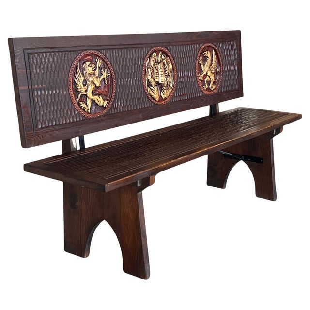 20th Century Spanish Renaissance Carved Walnut Bench Banquette "Escaño" For Sale - Image 15 of 18