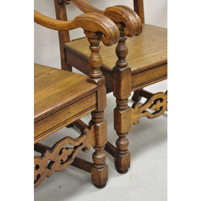 Brown Antique Vanleigh Carved Oak Italian Renaissance Style Throne Arm Chairs - A Pair For Sale - Image 8 of 12