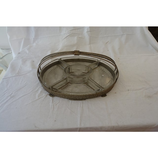 Art Deco starter set in hammered iron and molded glass, beautiful and heavy construction, 5 compartments