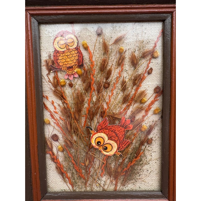Brown MCM Vintage Mixed Media Owl & Botanical Wall Hanging Art For Sale - Image 8 of 8
