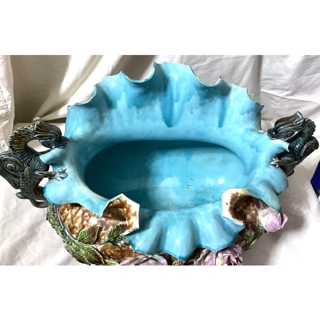 Ceramic Antique French Barbotine Majolica Rose Basket Centerpiece Planter For Sale - Image 7 of 12