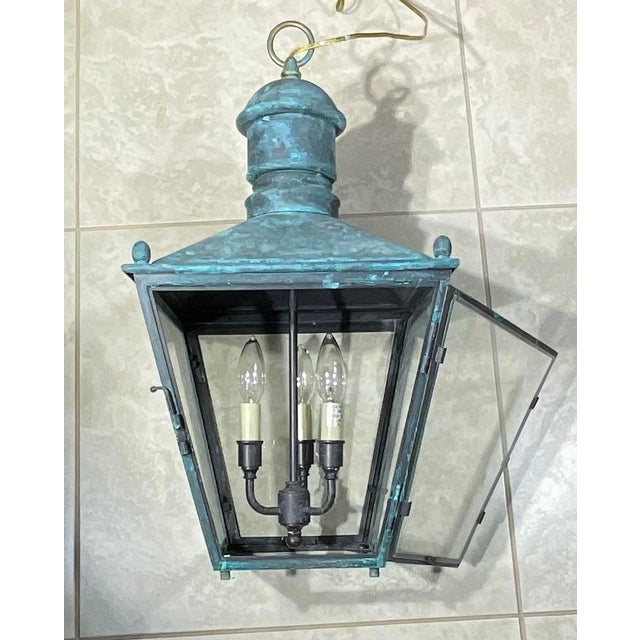 Vintage Solid Copper and Brass Hanging Lantern / 12”x 12”x 23” High For Sale - Image 11 of 17