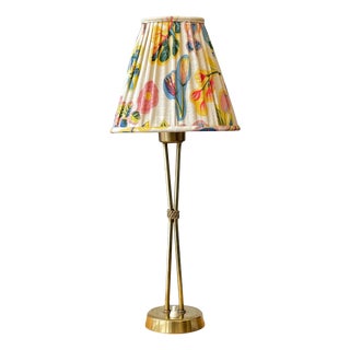 Vintage Table Lamp in Brass and Textile by Hans Bergström for Ateljé Lyktan, 1940s For Sale