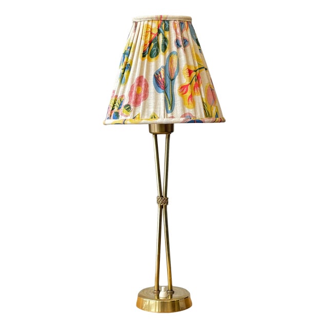 Vintage Table Lamp in Brass and Textile by Hans Bergström for Ateljé Lyktan, 1940s For Sale
