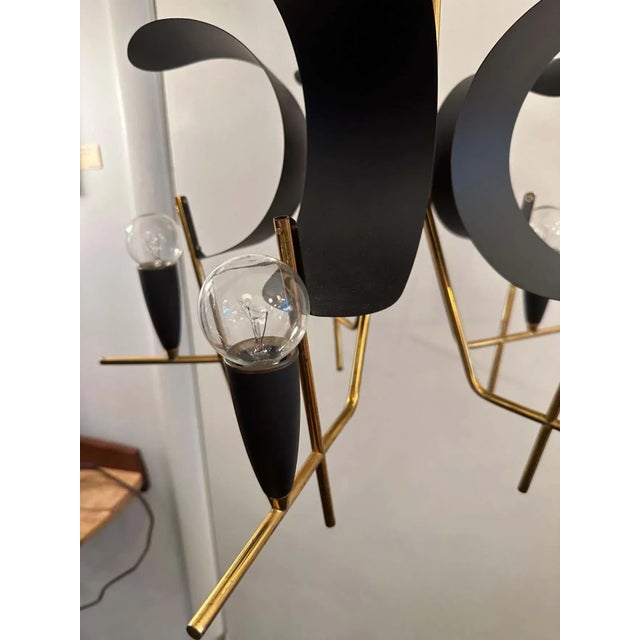 1950s Vintage Italian 5-Light Black Metal & Brass Chandelier For Sale - Image 5 of 13