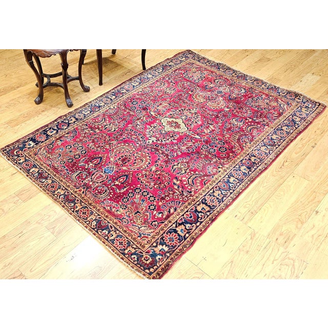 Textile Antique Persian Sarouk Area Rug, Hand-Knotted Wool, Allover Floral Pattern, 4x6, Red & Navy For Sale - Image 7 of 17
