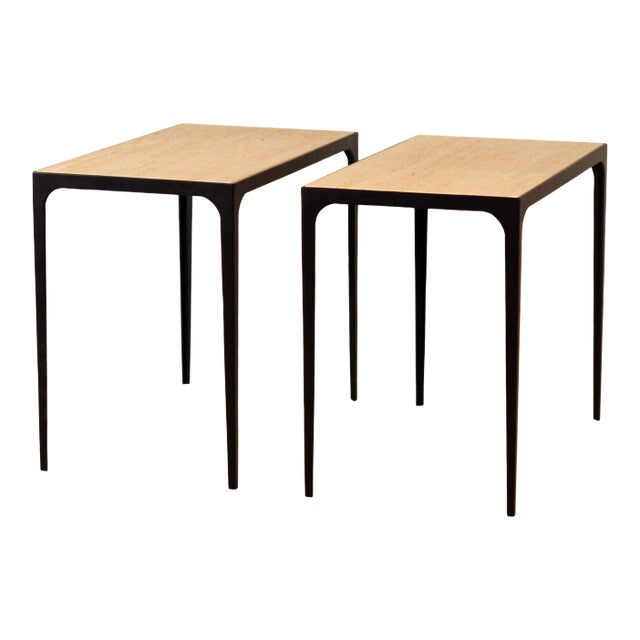 Esquisse' Grooved Ivory Travertine Side Tables by Design Frères - a Pair For Sale