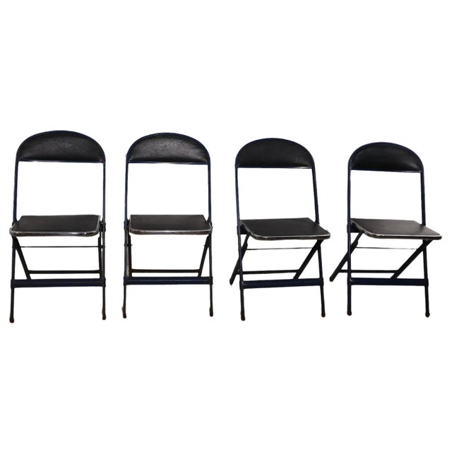 Mid-Century Modern 4 Vintage Folding Chairs in Blue Oilcloth Steel and Chrome by Cosco For Sale - Image 3 of 11