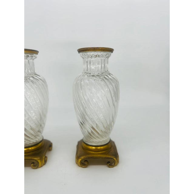 Pair, 19th Century Baccarat Swirl Pattern Bronze Ormolu Mounted Crystal Vases For Sale In Boston - Image 6 of 12