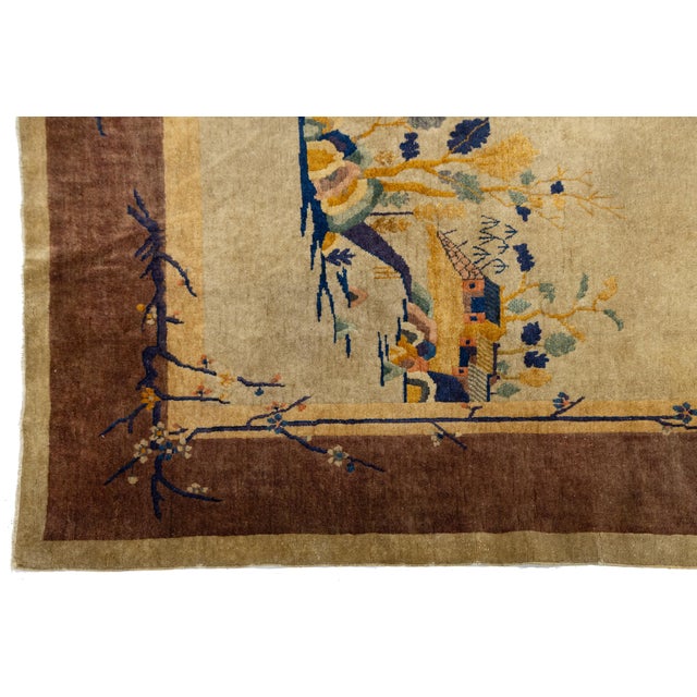 Textile Chinese Art Deco Wool Rug Pagoda & Floral Design - Earthy Bronze & Gold Tones For Sale - Image 7 of 11