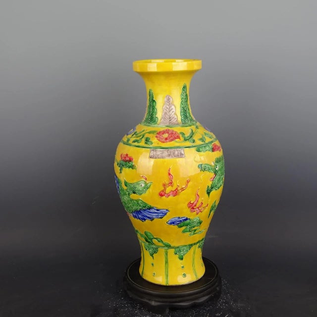 Early 20th Century Chinese Vintage Ceramic Vase,Ming Dynasty Yongle Marked Yellow Ground Famille Verte Porcelain Vase Hand Painted Dragon and Phoenix Pattern For Sale - Image 5 of 7
