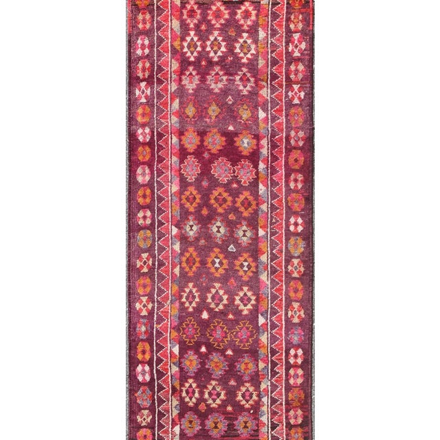 Turkish Colorful Vintage Turkish Long Oushak Runner With Geometric Design in Purple & Plum Background For Sale - Image 3 of 9
