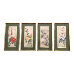 Late 20th Century Set of 4 Vintage Chinese Paintings on Fabric Framed.