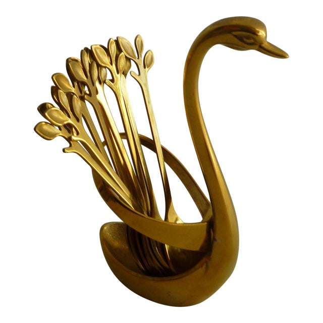 Vintage 1970's Brass Plated Metal Swan Vessel Bowl With !0 Serving Spoons For Sale