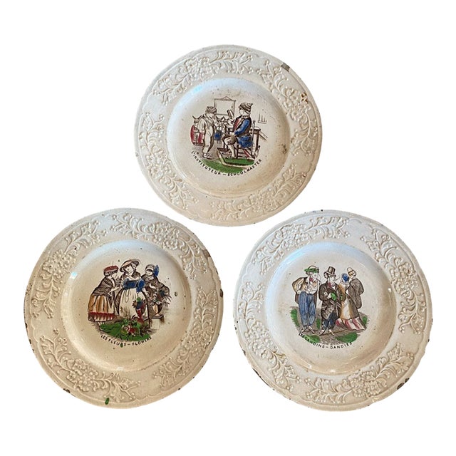 Set of Three French Early 1800s Century Plates: Flowers, Boatmen, Dandies and Schoolmaster For Sale
