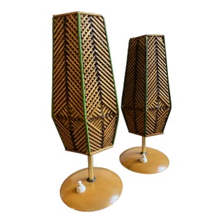 1960s Mid Century Table Lamps in Rattan and Base in Wood, Italy - Set of 2 For Sale