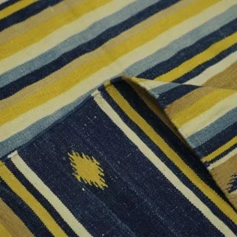 1950s Vintage Dhurrie Rug in Yellow and Blue Stripes and Geometry | Rug & Kilim For Sale - Image 5 of 5