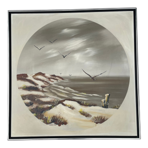 Mid 20th Century Signed Carlson Seascape Oil Painting – Gulls & Dunes on Canvas