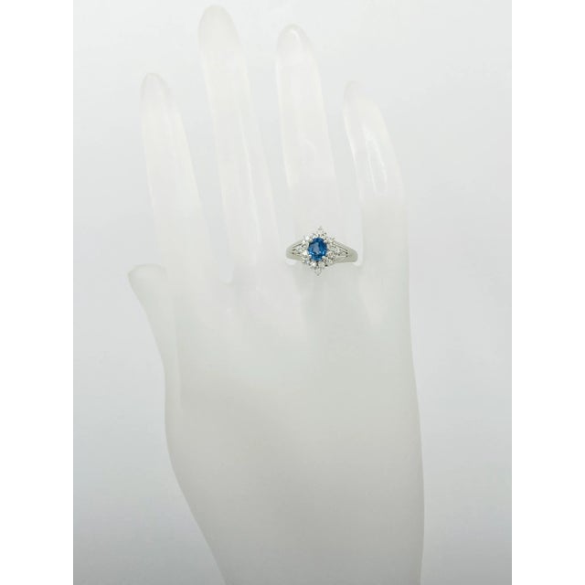 American Blue Sapphire Oval and White Diamond Ring in Platinum Size 6.5 For Sale - Image 3 of 7