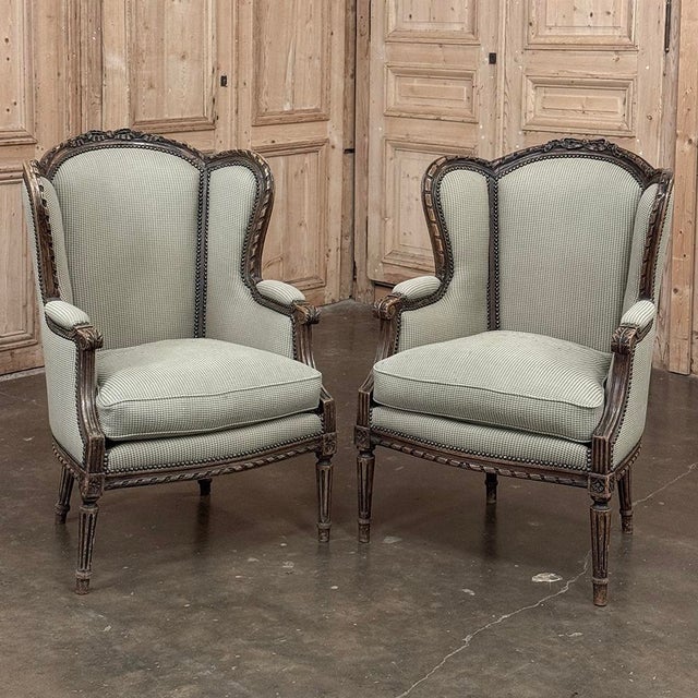 Early 20th Century Pair Antique Louis XVI Style French Bergères ~ Armchairs in Walnut For Sale - Image 5 of 18