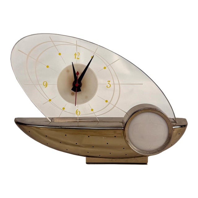 Mid-Century Atomic Gold & Lucite Mantle Sailboat Clock For Sale