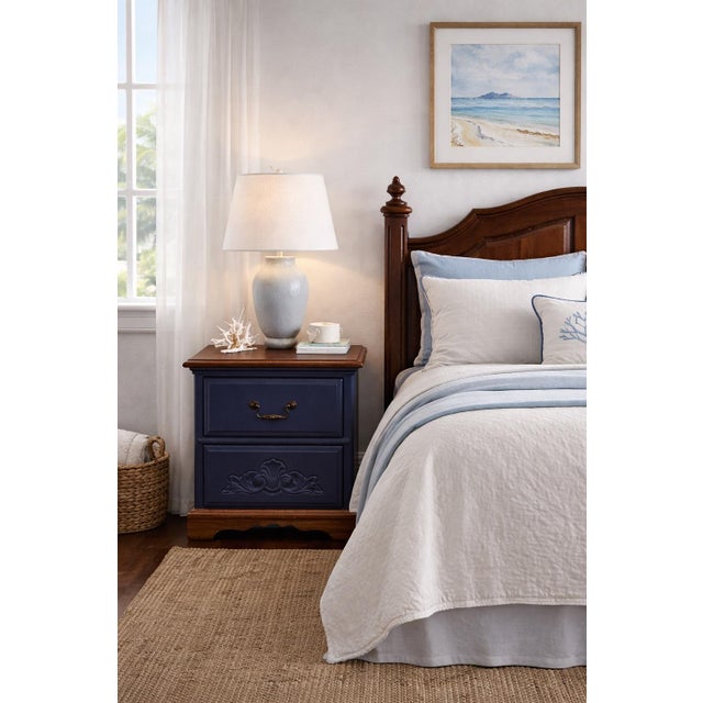 Late 20th Century Pair of Solid Wood Navy Blue Nightstands With Carved Shell Drawer & Walnut Tops For Sale - Image 9 of 12