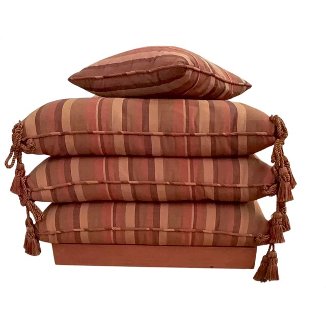 Rose Pair of 1990s Matching Custom-Made Pillow Stacked Ottomans on Casters With Tassels For Sale - Image 8 of 8