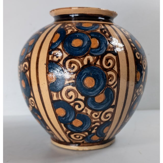 Art Deco 1930's French Art Deco Hispano Moresque Style Terra Cotta Redware Vase, Signed For Sale - Image 3 of 13