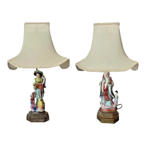 1940s Chinoiserie Famille Rose Figural Lamps God & Goddess of Longevity With Pagoda Shades - a Pair