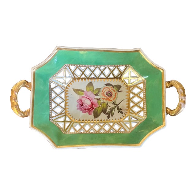 Antique Early 19th Century English Porcelain Reticulated Chestnut Basket or Fruit Bowl With Hand Painted Flowers 1820 For Sale